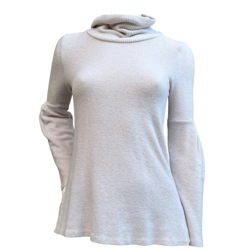 Anthropologie Cowl Neck Sweater Longline Cream Ruched Sleeve Quiet Luxury XS